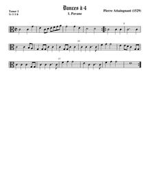 Partition ténor viole de gambe 1, alto clef, Pavan et Galliards à 4 par Pierre Attaingnant