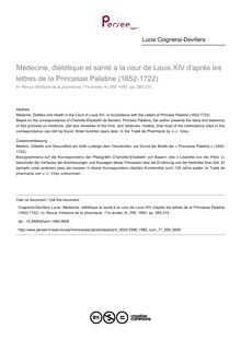 Médecine, diététique et santé à la cour de Louis XIV d après les lettres de la Princesse Palatine (1652-1722) - article ; n°259 ; vol.71, pg 265-274