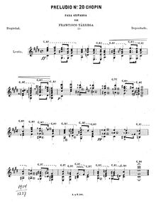 Partition complète, Prelude No.20 - Chopin, C♯ minor, Tárrega, Francisco