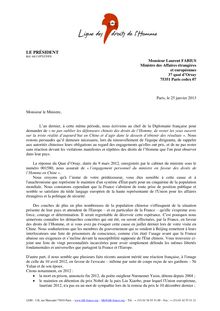 Lettre adressée à Laurent Fabius, ministre des Affaires étrangères, au sujet des actions menées par la France en faveur des droits de l’Homme en Chine, et pour la libération des prisonniers de conscience
