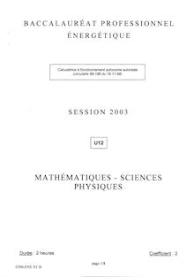 Mathématiques - Sciences physiques 2003 Bac Pro - Énergétique