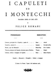Partition complète, I Capuleti e i Montecchi, Tragedia lirica in due atti par Vincenzo Bellini