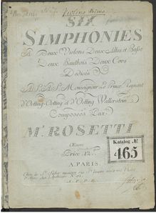 Partition violons I, 6 Simphonies a 2 Violons, 2 Altos et Basse, 2 Hautbois, 2 Cors
