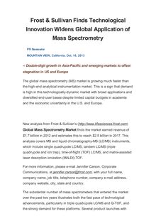 Frost & Sullivan Finds Technological Innovation Widens Global Application of Mass Spectrometry