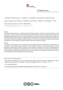 «Global Warming» : mythe ou réalité L évolution réelle de la dynamique du temps / Global warming : Myth or Reality? The Actual Evolution of the Weather - article ; n°624 ; vol.111, pg 115-137