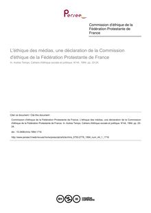 L éthique des médias, une déclaration de la Commission d éthique de la Fédération Protestante de France - article ; n°1 ; vol.44, pg 20-24