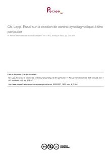 Ch. Lapp, Essai sur la cession de contrat synallagmatique à titre particulier - note biblio ; n°2 ; vol.4, pg 375-377