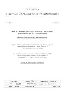 Sujet du bac serie Hotellerie 2012: Sciences appliquées et technologies