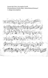 Partition , Adagio - Ornamented partition de violon, 12 violon sonates, Op.5
