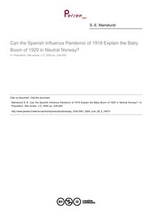 Can the Spanish Influenza Pandemic of 1918 Explain the Baby Boom of 1920 in Neutral Norway? - article ; n°2 ; vol.59, pg 229-260