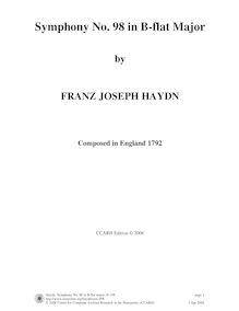 Partition complète, Symphony No.98 en B♭ major, Sinfonia No.98, Haydn, Joseph par Joseph Haydn