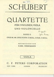 Partition viole de gambe, corde quatuor No.15, G Major, Schubert, Franz
