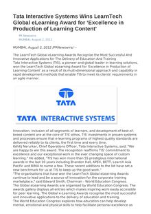 Tata Interactive Systems Wins LearnTech Global eLearning Award for ‘Excellence in Production of Learning Content’