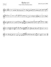 Partition ténor 2 viole de gambe, octave aigu clef, Unser lieben Huehnerchen pour violes de gambe par Johannes Eccard