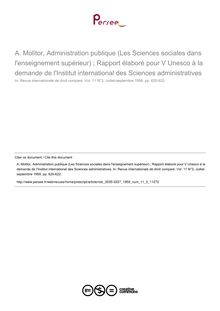 A. Molitor, Administration publique (Les Sciences sociales dans l enseignement supérieur) ; Rapport élaboré pour V Unesco à la demande de l Institut international des Sciences administratives - note biblio ; n°3 ; vol.11, pg 620-622