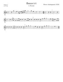 Partition ténor viole de gambe 1, octave aigu clef, Pavan et Galliards à 4 par Pierre Attaingnant