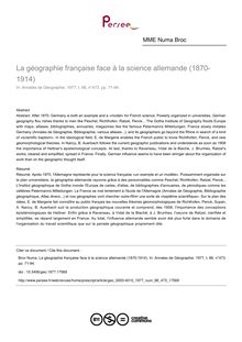 La géographie française face à la science allemande (1870-1914) - article ; n°473 ; vol.86, pg 71-94