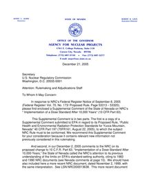 December 21, 2005 Letter Transmitting the State of Nevada s Supplemental Comment on EPA s proposed Yucca