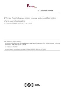 L Année Psychologique et son réseau: lectures et fabrication d une nouvelle discipline - article ; n°1 ; vol.96, pg 113-129