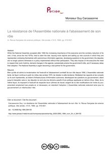 La résistance de l Assemblée nationale à l abaissement de son rôle - article ; n°4 ; vol.34, pg 910-921