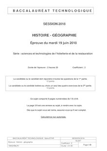 Sujets Histoire Géographie STHR 2018 