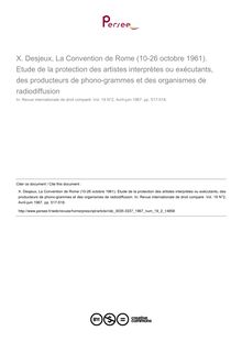 Desjeux, La Convention de Rome (10-26 octobre 1961). Etude de la protection des artistes interprètes ou exécutants, des producteurs de phono-grammes et des organismes de radiodiffusion - note biblio ; n°2 ; vol.19, pg 517-518