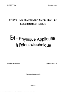 Physique appliquée à l'électrotechnique 2007 BTS Électrotechnique