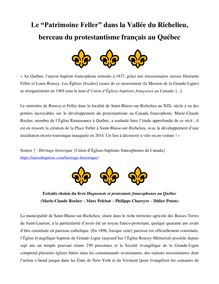 Le “Patrimoine Feller” dans la Vallée du Richelieu, berceau du protestantisme français au Québec