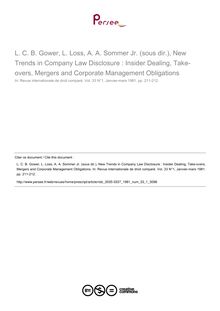 L. C. B. Gower, L. Loss, A. A. Sommer Jr. (sous dir.), New Trends in Company Law Disclosure : Insider Dealing, Take-overs, Mergers and Corporate Management Obligations - note biblio ; n°1 ; vol.33, pg 211-212