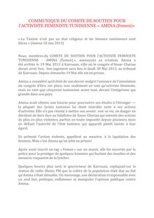 Communiqué du comité de soutien pour l activiste féministe tunisienne Amina (Femen)