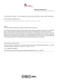 L honneur perdu : les relations parents-enfants dans les familles d immigrés algériens - article ; n°4 ; vol.41, pg 771-788