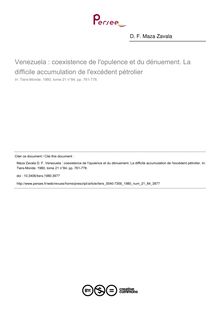 Venezuela : coexistence de l opulence et du dénuement. La difficile accumulation de l excédent pétrolier - article ; n°84 ; vol.21, pg 761-778
