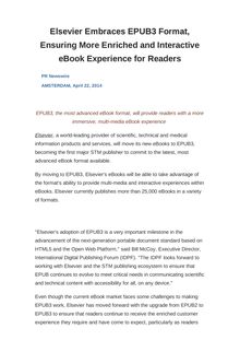 Elsevier Embraces EPUB3 Format, Ensuring More Enriched and Interactive eBook Experience for Readers