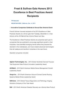 Frost & Sullivan Gala Honors 2013 Excellence in Best Practices Award Recipients