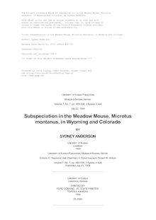 Subspeciation in the Meadow Mouse, Microtus montanus, in Wyoming and Colorado