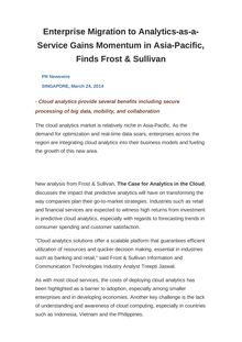 Enterprise Migration to Analytics-as-a-Service Gains Momentum in Asia-Pacific, Finds Frost & Sullivan