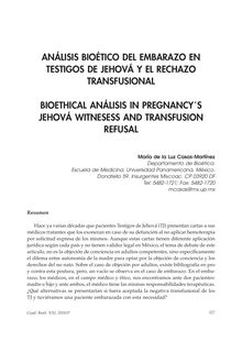 Análisis Bioético del Embarazo en Testigos de Jehová y El Rechazo Transfusional (Bioethical Análisis in Pregnancy´S Jehová Witnesess and Transfusion Refusal)