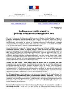Communiqué de presse: La France est restée attractive pour les investisseurs étrangers en 2012