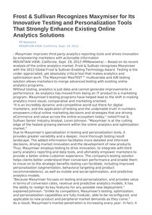 Frost & Sullivan Recognizes Maxymiser for Its Innovative Testing and Personalization Tools That Strongly Enhance Existing Online Analytics Solutions