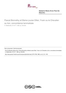 Pascal Bonnefoy et Marie-Louise Ollier, Yvain ou le Chevalier au lion, concordance lemmatisée  ; n°16 ; vol.8, pg 249-250
