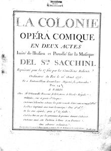 Partition complète, La Colonie, Sacchini, Antonio