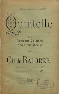 Partition couverture couleur, clarinette quintette, Quintette pour clarinette, 2 violons, alto et violoncelle, par Ch. de Balorre.