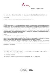 Le principe d indivisibilité de la propriété et de l exploitation de l officine - article ; n°339 ; vol.91, pg 407-416