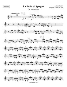 Partition violons II, 26 Variations on La Folia di Spagna, D minor
