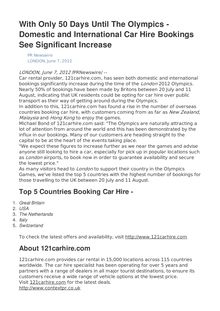 With Only 50 Days Until The Olympics - Domestic and International Car Hire Bookings See Significant Increase