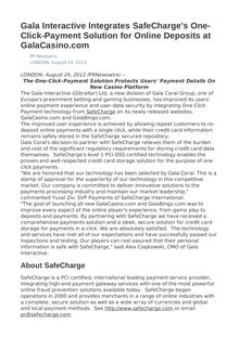 Gala Interactive Integrates SafeCharge s One-Click-Payment Solution for Online Deposits at GalaCasino.com