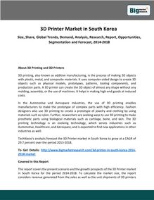 3D Printer Market in South Korea  Size, Share, Global Trends, Demand, Analysis, Research, Report, Opportunities, Segmentation and Forecast, 2014-2018