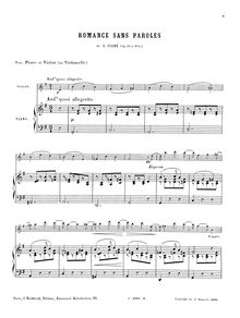 Partition complète, Romance Sans Paroles Op.17, Songs without Words par Gabriel Fauré