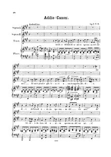Partition No. 2 Addio, Due Canoni a tre voci, Op.7, Due Canoni a tre voci coll  accomp. di Pianof.