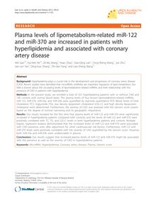 Plasma levels of lipometabolism-related miR-122 and miR-370 are increased in patients with hyperlipidemia and associated with coronary artery disease